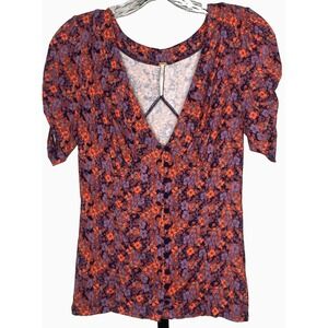 Free People Womens Hollywood Floral Button down Ruched Sleeve blo use size small